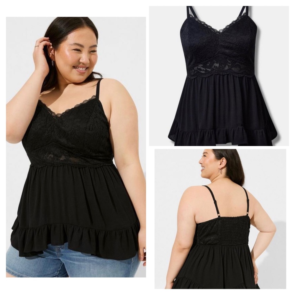 NWT- Sexy Torrid Black Babydoll Crinkle Gauze And Lace Tank